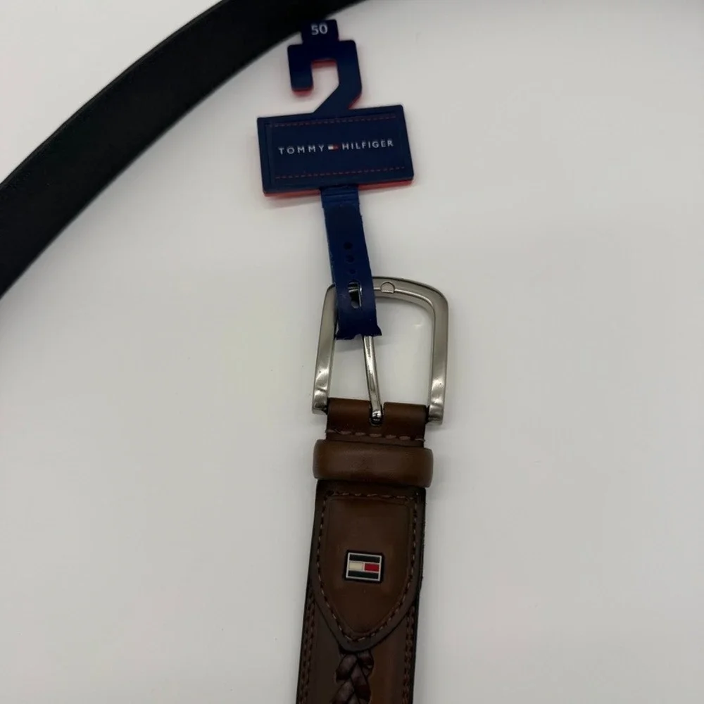 Tommy Hilfiger Mens Brown Braided Leather Belt Silver‎ Buckle Size 50 NWT